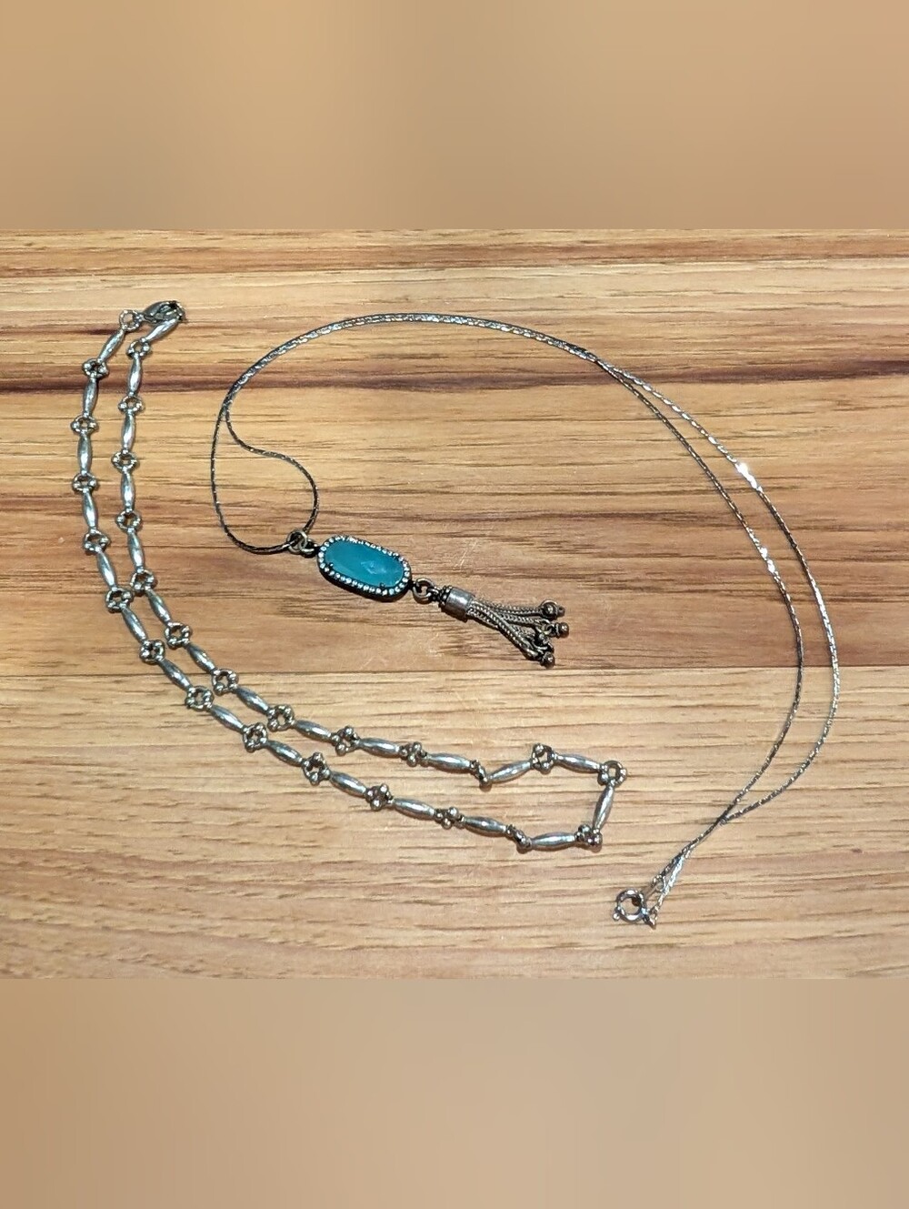 Aqua Stone Tassel Pendant Necklace Set Silver Tone